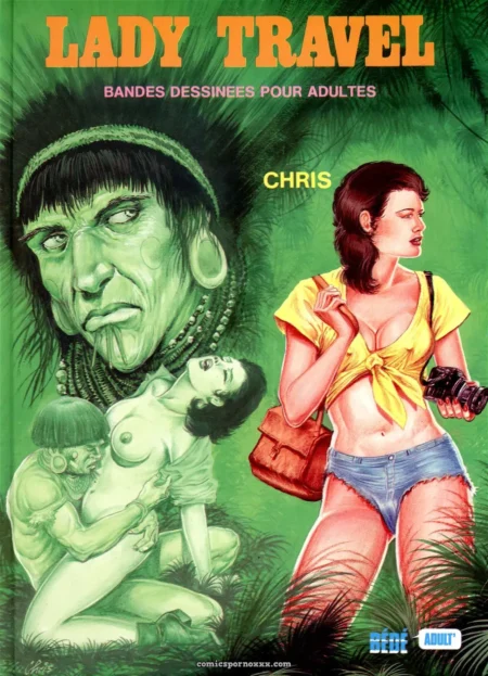 Femme top jaune noué, short jean, caméra, indigène vert à collier, couple en baise jungle Lady Travel Chris