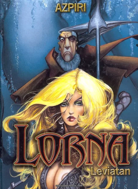 Lorna d'Azpiri aux longs cheveux blonds, décolleté plongeant révélant sa poitrine opulente, guerrier barbu au trident sur fond aquatique.