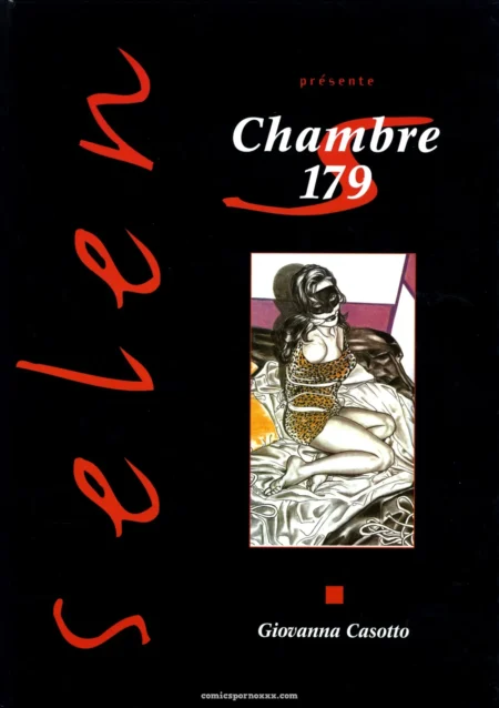 Une femme aux seins nus en lingerie léopard, yeux bandés, cuisses écartées sur un lit, Chambre 179 de Giovanna Casotto