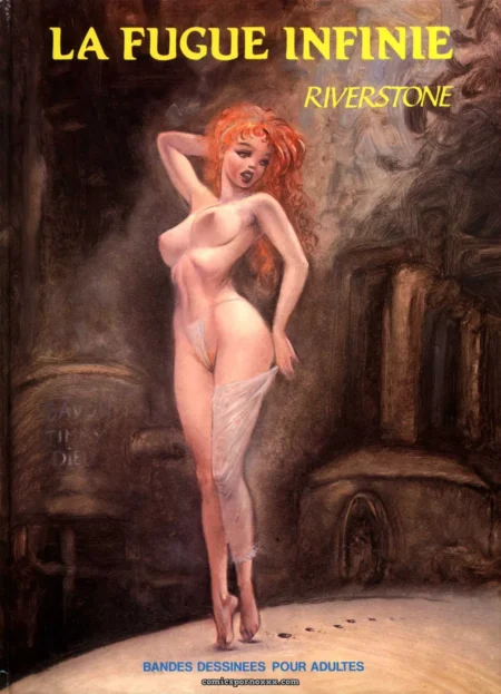 Femme nue aux cheveux roux, bas blanc déchiré, jambes écartées, main derrière la tête dans un intérieur ancien sombre