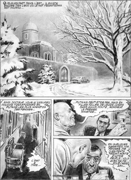 Bâtiment neigeux avec voiture, trois hommes discutent de sexe anal et de putains dans des bulles de dialogue explicites