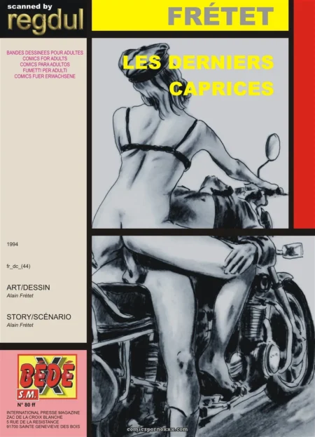 Femme en culotte et soutien-gorge noir sur moto, fesses dénudées, main sur son sexe, LES DERNIERS CAPRICES de Fretet