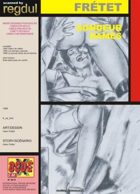 Sondeur Dames d'Alain Frétet : femme nue soumise en fessée torride, mains sur fesses et corps offert dans un dessin explicite