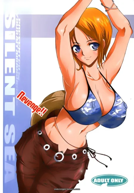 Femme aux cheveux orange, seins généreux top bikini bleu croix blanches, ventre nu, pantalon marron, SILENT SEA REVENGE!!