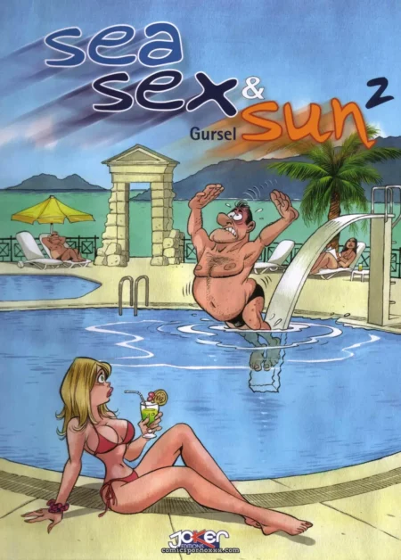 Homme en slip plonge vers femme en bikini string écartant les cuisses avec cocktail près de la piscine tropicale