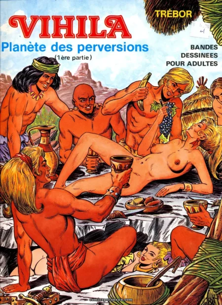 Orgie tribale explicite avec femmes nues pénétrées par hommes érigés, raisins, vases et arrière-plan désertique, Planète des Perversions Vol.1