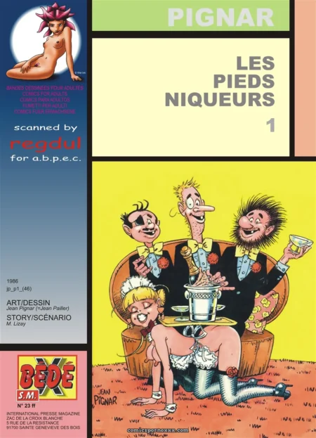 Femme de ménage à genoux, ses pieds niquent trois hommes en smoking dans Les Pieds Niqueurs Vol.1