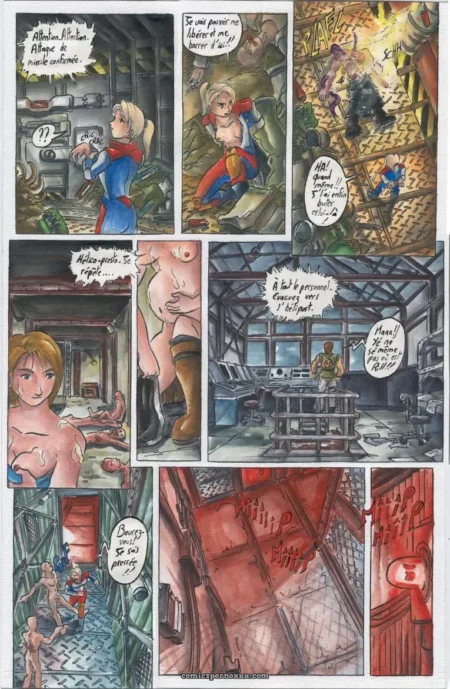 Femme seins et fesses nus, jambes écartées, mains liées, sang sur le sol d'usine sombre