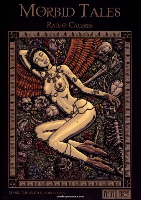 Femme nue aux ailes rouges entourée de crânes et os, jambes écartées, poitrine offerte, roses sombres, main derrière la tête