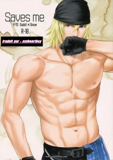 Gadot musclé, blond avec bandana noir, gants noirs et short bleu, abdos ciselés et sexe tendu en pose suggestive.