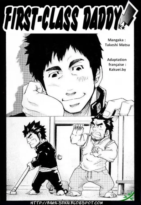 First-Class Daddy Takeshi Matsu, mec cheveux hérissés, sourire lubrique, joues roses, main sur joue, deux mecs en boxer