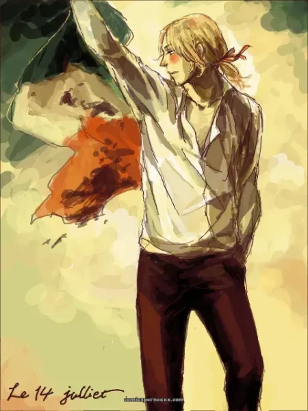 Blond cheveux rubanés, chemise ouverte révélant ses tétons, brandit le drapeau français le 14 juillet avec virilité.