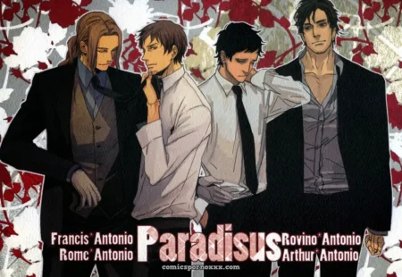 Quatre Antonio aux chemises ouvertes, mains agrippant pectoraux, regards brûlants : Francis, Romc, Rovino, Arthur.