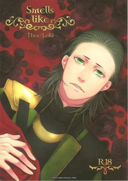 Main explorant la cuisse de Loki en tenue verte et or, yeux verts pleins de luxure sous roses rouges érotiques