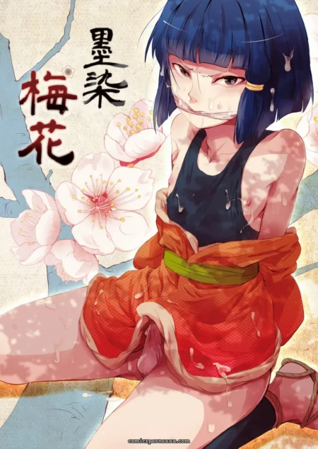 Femme cheveux bleus courts, tenue rouge dénudée, sueur coulant sur corps nu, jambes écartées, fleurs de cerisier