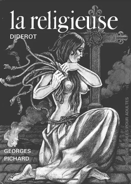 Religieuse nue à genoux, seins nus liée par des cordes, offrant son corps sous une croix fumante suggestive