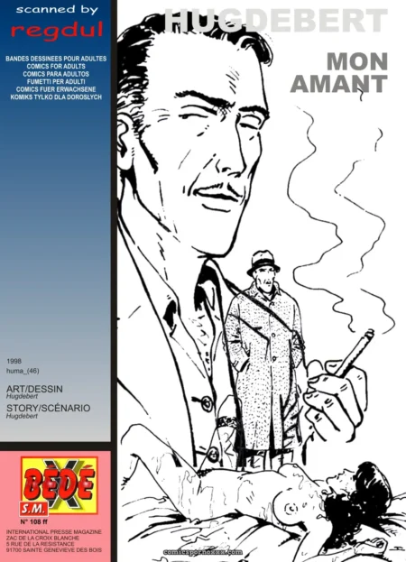 Hugdebert en costume fume un cigare, femme nue jambes écartées dans Mon Amant BD érotique explicite