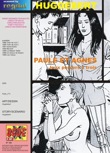 Paule et Agnès nues en triolisme explicite, pénétration vaginale et orale avec un homme dans une bibliothèque aux étagères chargées.