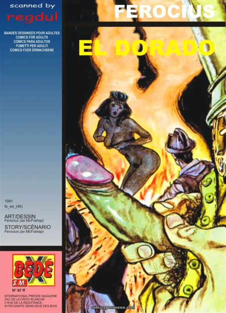 Femme nue en position suggestive avec un pénis énorme brandi par un homme en chapeau dans un brasier enflammé