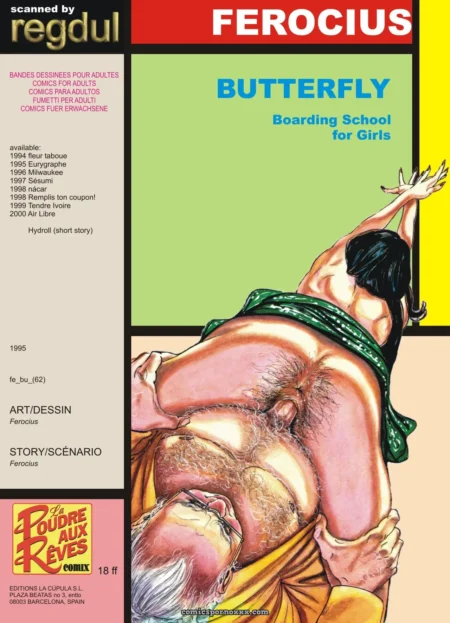 Un homme musclé en toga verte recevant une fellation d'un vieillard barbu à cheveux blancs sur la BD Butterfly Ferocius