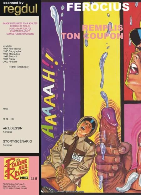 Homme en uniforme criant sous jets de sperme, main géante masturbant pénis énorme pour remplir ton coupon