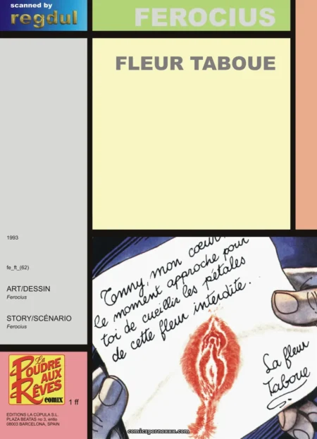 Note explicite avec main tenant un message sensuel sur la fleur interdite et pétale vulvaire rouge en détail graphique.