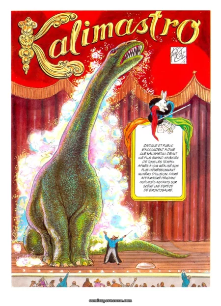 Kalimastro baise une femme en corset rouge sur une trapèze tandis qu'un dinosaure géant la pénètre au cirque