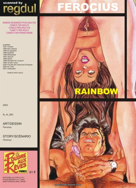 Rainbow à l'envers, vulve écartée, suce le sexe d'un homme en érection, seins nus, BD érotique Ferocius