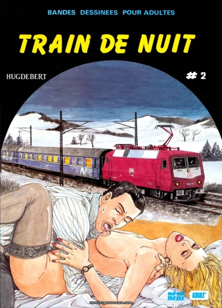 Femme blonde nue pénétrée violemment par un homme en chemise striée devant un train rouge sur fond de neige