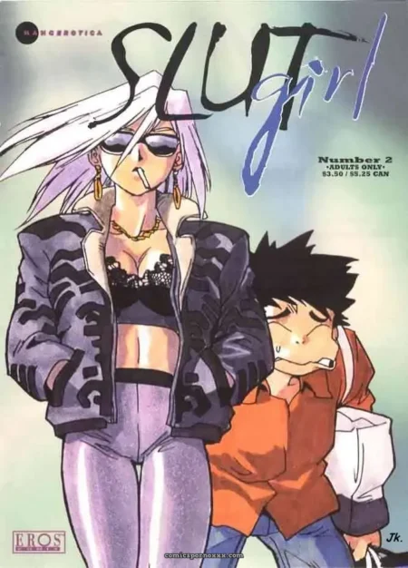 Femme cheveux blancs, soutien-gorge noir, collants violets moulants, cigarette aux lèvres, mec orange reluquant son cul