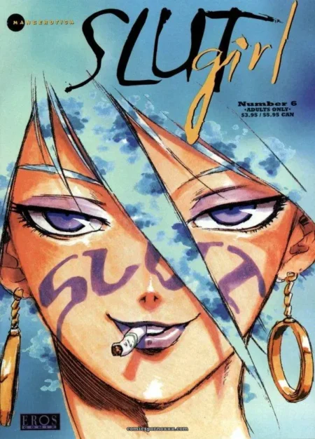 Femme aux lèvres pulpeuses, SLUT sur joue, cigarette en bouche, boucles dorées, visage divisé, Slut Girl #6