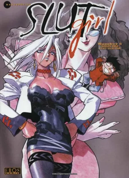 Seins saillants et fesses moulées dans robe noire moulante, femme cheveux blancs, SLUT girl en lettres rouges érotiques