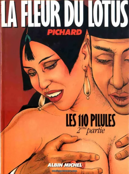 Femme aux cheveux noirs, boucles d'oreilles, seins nus caressés par mains masculines sur La Fleur du Lotus (Pichard), Les 110 Pilules 2e partie