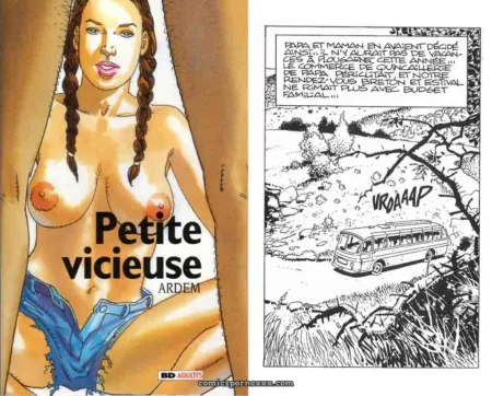 Jeune femme seins nus, tresses, jeans baissés dévoilant pubis, couverture de Petite vicieuse par Ardem, BD adulte explicite
