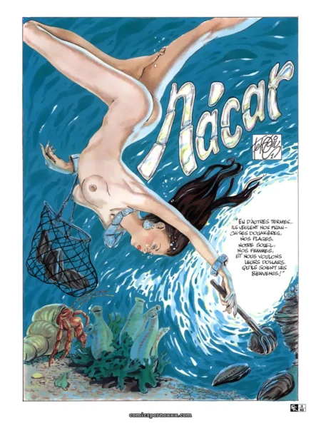 Femme nue plongeant sous l'eau, seins et cul exposés, récolte de la nacre avec filet et outil, coquillages et homard en arrière-plan.
