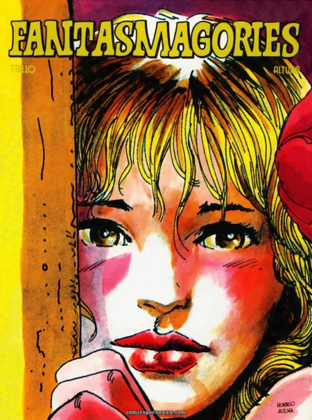 Fantasmagories : femme aux cheveux blonds, lèvres pulpeuses entrouvertes, langue humide caressant sa bouche, rose écarlate contre sa joue