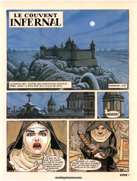 Nonne en robe noire avec gros phallus en bois dans couvent infernal sous la lune, visage excité et bouche ouverte