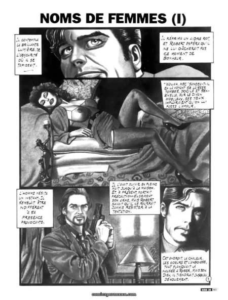 Femme en corset noir caressant ses seins avec homme en costume, scènes érotiques NSFW de Noms de Femmes (Josep de Haro)