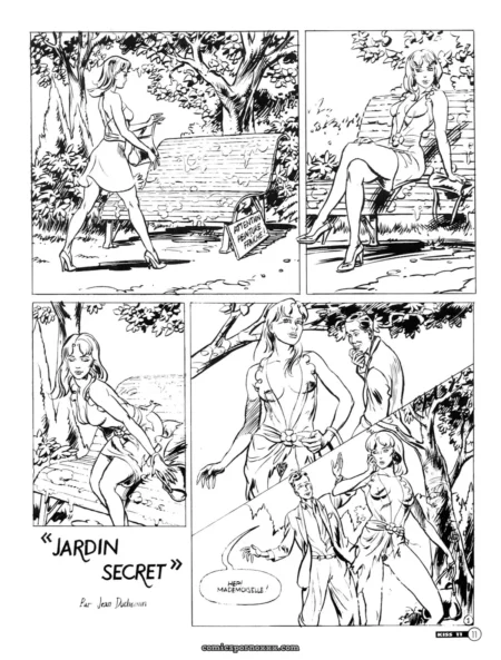 Femme en robe courte dans parc, exposant sa chatte et sexe oral avec hommes près de banc Jardin Secret de Jean Duchemin