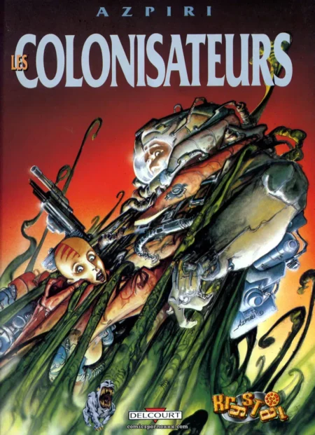 Femme aux seins nus, cuisses écartées, armée de pistolets futuristes dans un paysage rougeoyant érotique.