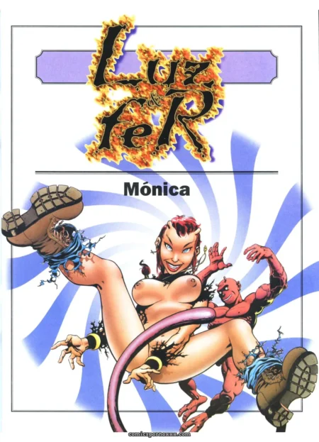 Mónica cheveux roux seins nus jambes ouvertes tentacule violet la pénétrant bottes marron bandana bleu démon la prenant