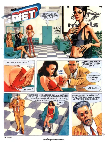 Femme en lingerie noire et robe rouge moulante, poitrine écrasée par des mains masculines dans un bureau de mannequins, désir explicite