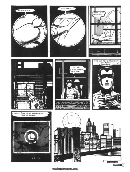 Plans rapprochés de seins nus, mains caressant corps et vulve humide dans bulles érotiques de comics explicites