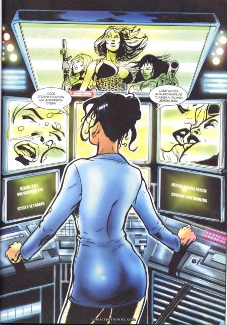 Femme en tenue bleue moulante contrôlant des écrans avec Torres & Aguilera fesses rebondies courbées et détails explicites.