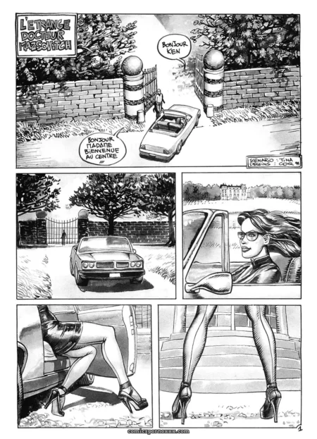 Femme en minijupe, collants et talons aiguilles, jambes écartées dans la voiture devant le domaine de Mazsovitch.