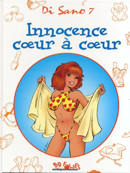 Femme aux cheveux roux en bikini cœur jaune dévoilant seins nus, sourire coquin et icônes érotiques alentour