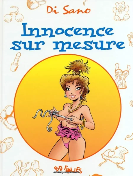 Femme blonde seins nus en culotte rose, fouet en main, entourée de dessins de lingerie sur fond jaune. Innocence sur mesure de Di Sano.
