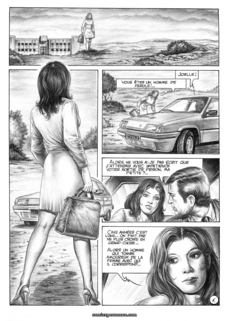 Prisonnière en robe courte, talons hauts, cul nu, baisers torrides et dialogue explicite avec homme près de la voiture.