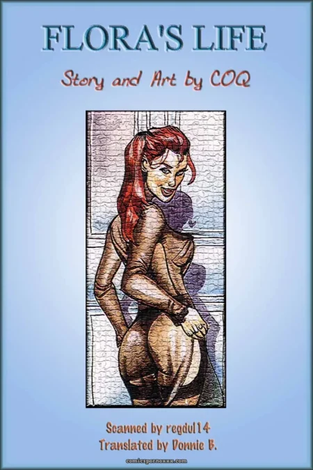 Flora aux cheveux roux en vitrail suggestive, tenue moulante, main sur fesses et doigts dans sa chatte.