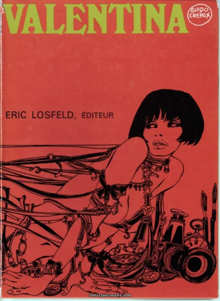 Valentina en corset, liée par cordes, genoux fléchis, sexe écartelé parmi outils érotiques de Guido Crepax